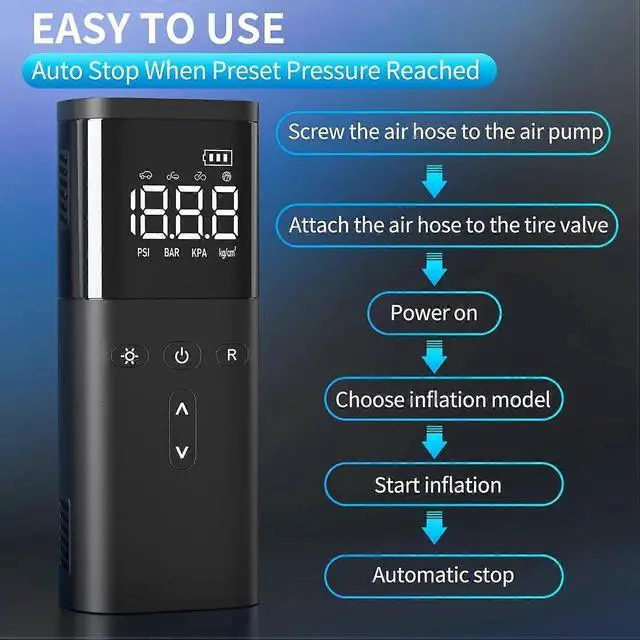 Alt view image 4 of 5 - Ecocleanpath 120 PSI Cordless Tire Inflator & Power Bank - Fast Portable Air Compressor for Car, Bike, Ball