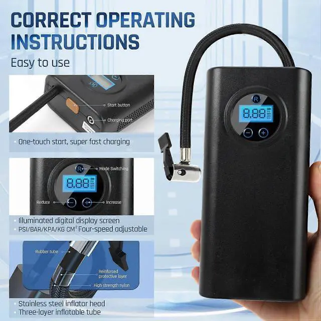 Alt view image 2 of 5 - Ecocleanpath Cordless Portable Tire Inflator - Fast Car, Bike, Motorcycle Air Pump with Digital Gauge (Black)