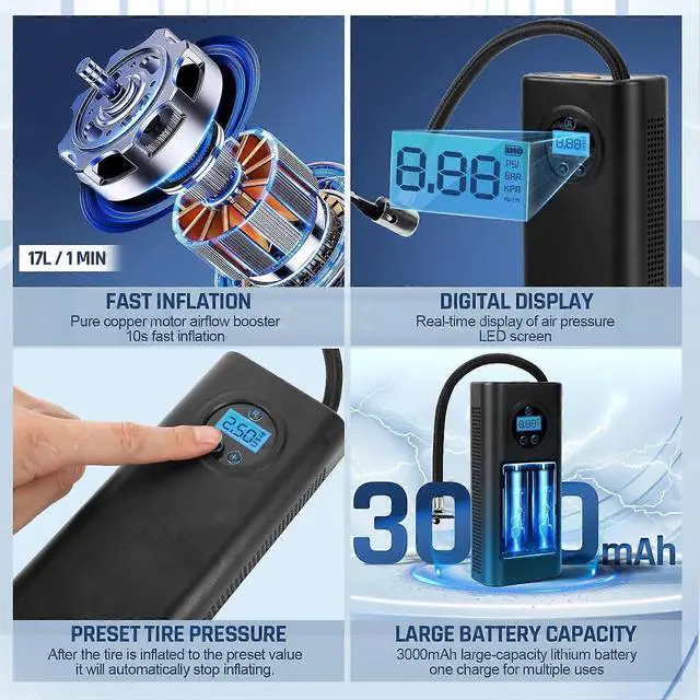 Alt view image 5 of 5 - Ecocleanpath Cordless Portable Tire Inflator - Fast Car, Bike, Motorcycle Air Pump with Digital Gauge (Black)