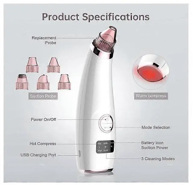 Alt view image 5 of 5 - Ecocleanpath Professional Blackhead Vacuum Remover, 5-Speed Pore Cleaner with Hot Pack & LED Screen, White