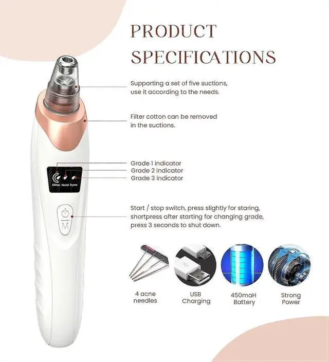Alt view image 4 of 5 - Ecocleanpath 2024 USB Rechargeable Blackhead Remover Vacuum: 5 Suction Levels, 5 Probes, Deep Pore Cleaner for Acne & Blackheads