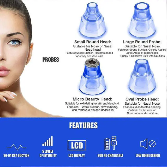 Alt view image 2 of 5 - Ecocleanpath Electric Blackhead Remover Vacuum, 5-Level Suction & 4 Probes for Deep Pore Cleaning - Rechargeable USB