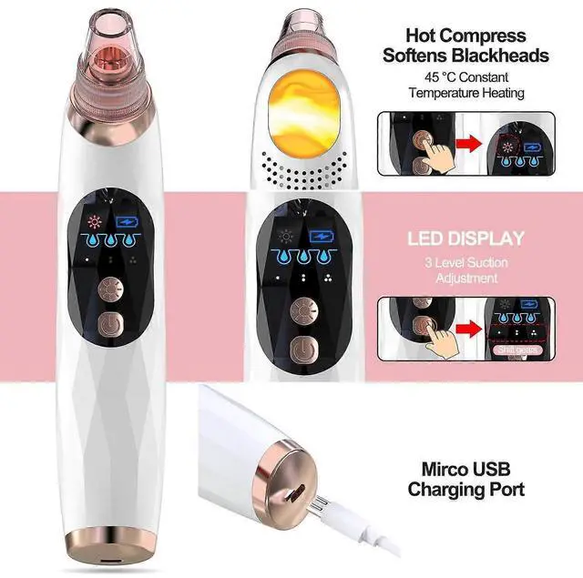 Alt view image 2 of 5 - Ecocleanpath Electric Blackhead Remover Pore Vacuum with Heat, 5 Suction Heads & 3 Intensities, USB Rechargeable (White)