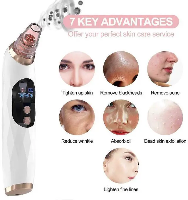 Alt view image 3 of 5 - Ecocleanpath Electric Blackhead Remover Pore Vacuum with Heat, 5 Suction Heads & 3 Intensities, USB Rechargeable (White)