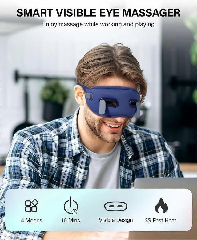 Alt view image 5 of 5 - Ecocleanpath Heated Eye Massager with Vibration & Heat - Migraine & Dry Eye Relief, Adjustable Strap, Blue