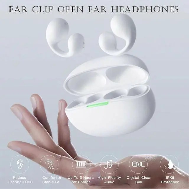 Alt view image 3 of 5 - Ecocleanpath White Clip-On Bluetooth 5.3 Earphones: HIFI Sound, ENC Noise Reduction, 24H Battery