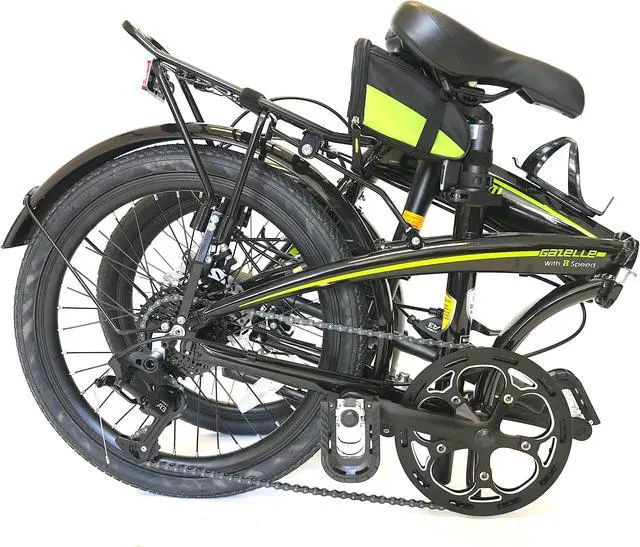 Alt view image 2 of 4 - The Origami Gazelle is a great companion for anyone wanting a versatile and lightweight folding bike. Its 8-speed gear set and disc brakes make it a great commuter or weekend bike. black/neon green