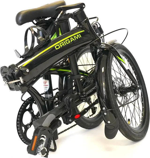 Alt view image 3 of 4 - The Origami Gazelle is a great companion for anyone wanting a versatile and lightweight folding bike. Its 8-speed gear set and disc brakes make it a great commuter or weekend bike. black/neon green