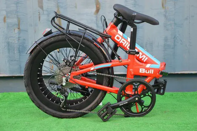 Alt view image 5 of 5 - The Origami Bull is our go anywhere, any road, no nonsense folding bike.  It has an aluminum frame, 9-speeds, disc brakes, fat 20x2.125 tires, Sensah derailleur, and 300 lb. capacity. Black/Blue