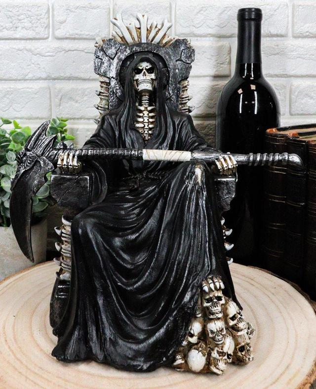 Black Holy Death Grim Reaper Sitting On Skeleton Skull Throne Figurine  10.5H