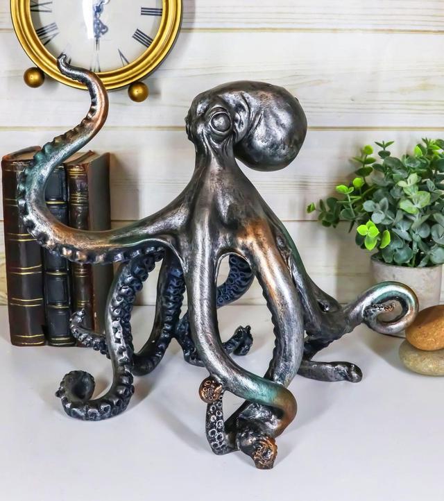 Ebros Large Standing Octopus Statue in Silver Finish Resin Marine