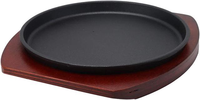 Ebros Personal Size Cast Iron Sizzling Fajita Pan Skillet Japanese Steak Plate with Wood Underliner Base Restaurant Home Kitchen Cooking Supply