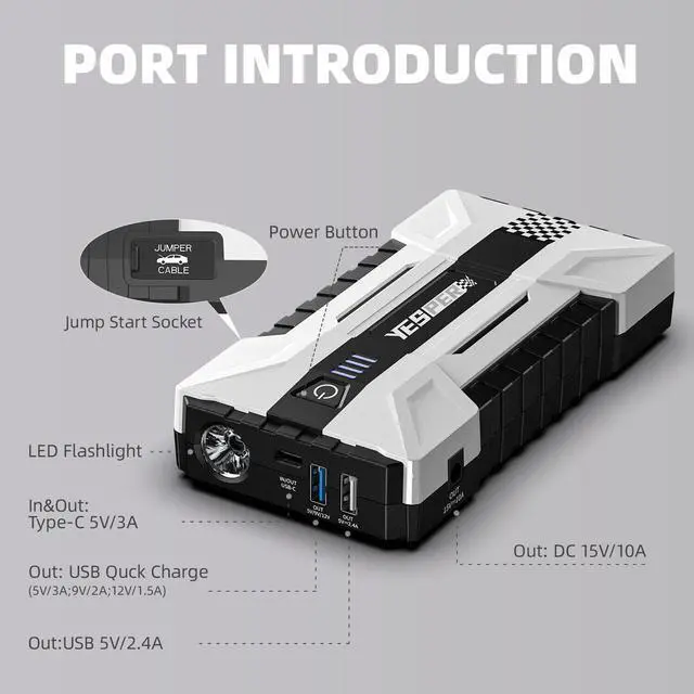Alt view image 6 of 7 - YESPER 1550A Car Jump Starter 12000mAh Portable Power Bank Start up to 8.0L Gas and 6.0L Diesel Engine