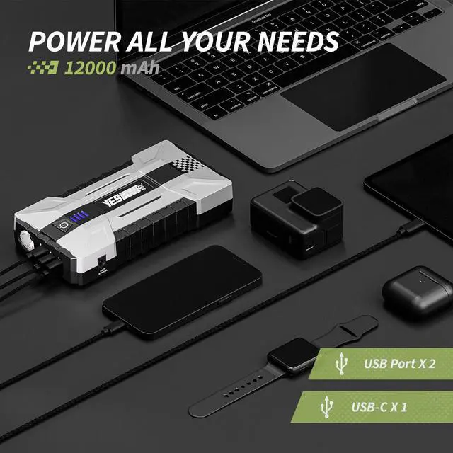 Alt view image 4 of 7 - YESPER 1550A Car Jump Starter 12000mAh Portable Power Bank Start up to 8.0L Gas and 6.0L Diesel Engine