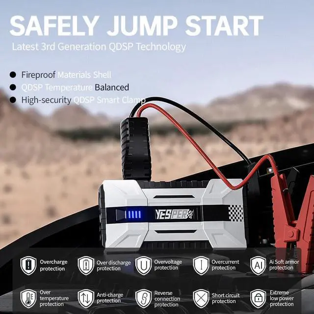 Alt view image 3 of 7 - YESPER 1550A Car Jump Starter 12000mAh Portable Power Bank Start up to 8.0L Gas and 6.0L Diesel Engine