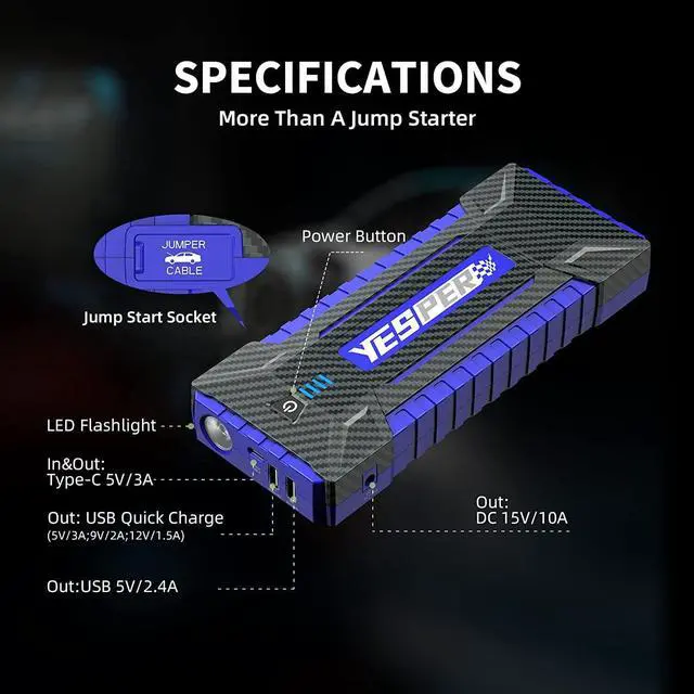 Alt view image 6 of 7 - YESPER 2160A Car Battery Jump Starter 16000mAh start 12V Vehicles up to 9.0L Gas and 7.0L Diesel Engine Portable Battery Pack