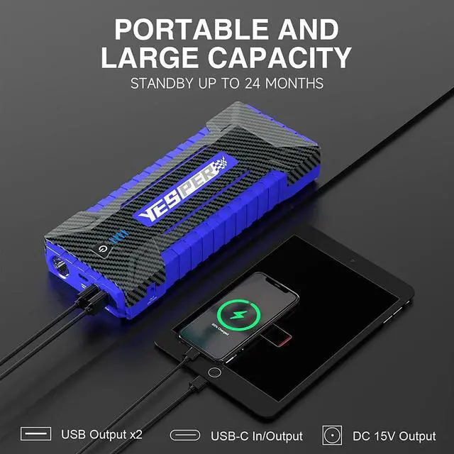 Alt view image 4 of 7 - YESPER 2160A Car Battery Jump Starter 16000mAh start 12V Vehicles up to 9.0L Gas and 7.0L Diesel Engine Portable Battery Pack
