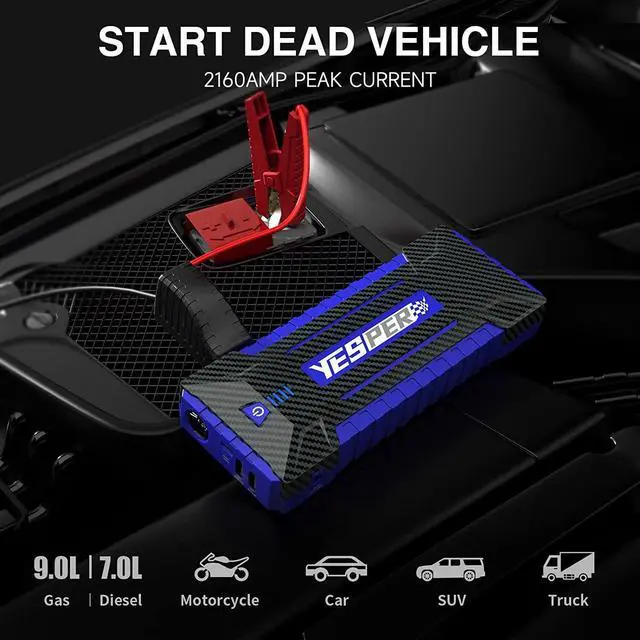 Alt view image 2 of 7 - YESPER 2160A Car Battery Jump Starter 16000mAh start 12V Vehicles up to 9.0L Gas and 7.0L Diesel Engine Portable Battery Pack