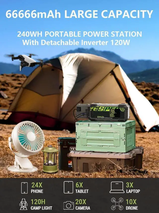 Alt view image 2 of 7 - YESPER Portable Power Station 240Wh with 120W AC Output,PD100W USB-C in/Output Jump Starter 3000A Start up to 10.0L Gas/8.0L Diesel engines