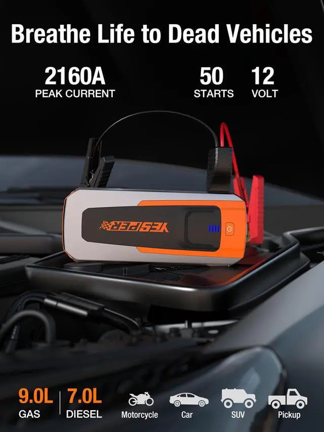 Alt view image 3 of 7 - Yesper Battery Jump Starter,2160A peak Portable Car Starter with LED &USB QC3.0,12V Auto Car Jumper Starter up to 9.0L Gas/7L Diesel Engines,Jump Box