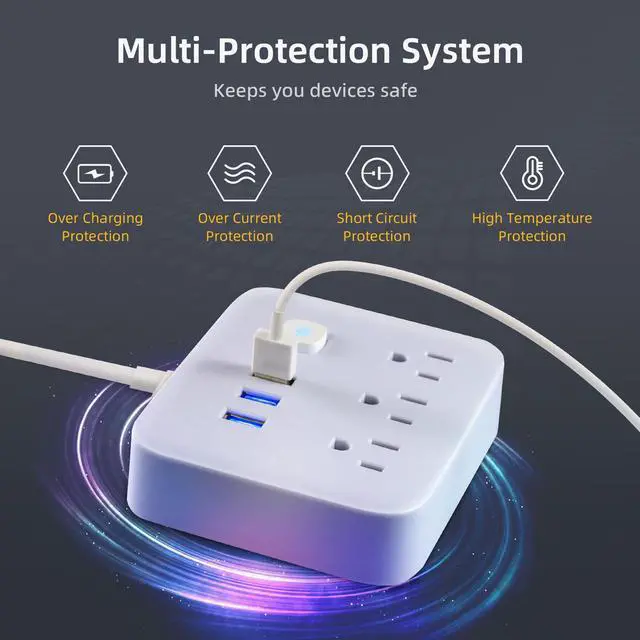 Alt view image 5 of 7 - BBJY 6 in 1 Power Strip With 3 USB Charging Ports & 3AC Outlets with USB Port Lights, Small Size Plug Strip Compact Power Board with Independent Current Controlled Switch