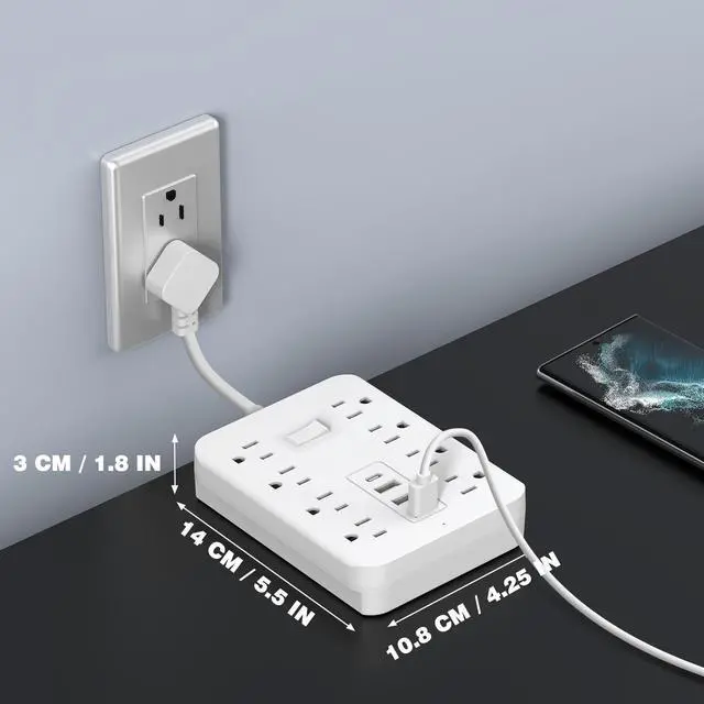 Alt view image 4 of 7 - 12-in-1 Power Strip with Surge Protection And One-Touch Control Switch - 8 AC with 4 USB Ports ( 1 Type-C) - Wall-Mountable Extension Cord for Office, Study, Home, And School Use - US Plug, 110V-130V