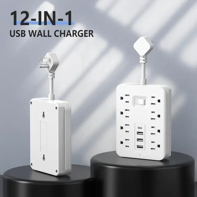 Alt view image 5 of 7 - 12-in-1 Power Strip with Surge Protection And One-Touch Control Switch - 8 AC with 4 USB Ports ( 1 Type-C) - Wall-Mountable Extension Cord for Office, Study, Home, And School Use - US Plug, 110V-130V