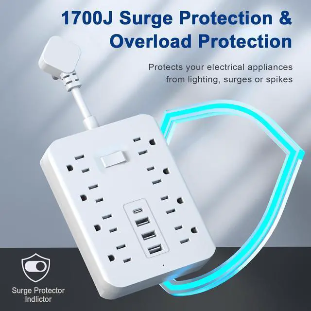 Alt view image 2 of 7 - 12-in-1 Power Strip with Surge Protection And One-Touch Control Switch - 8 AC with 4 USB Ports ( 1 Type-C) - Wall-Mountable Extension Cord for Office, Study, Home, And School Use - US Plug, 110V-130V