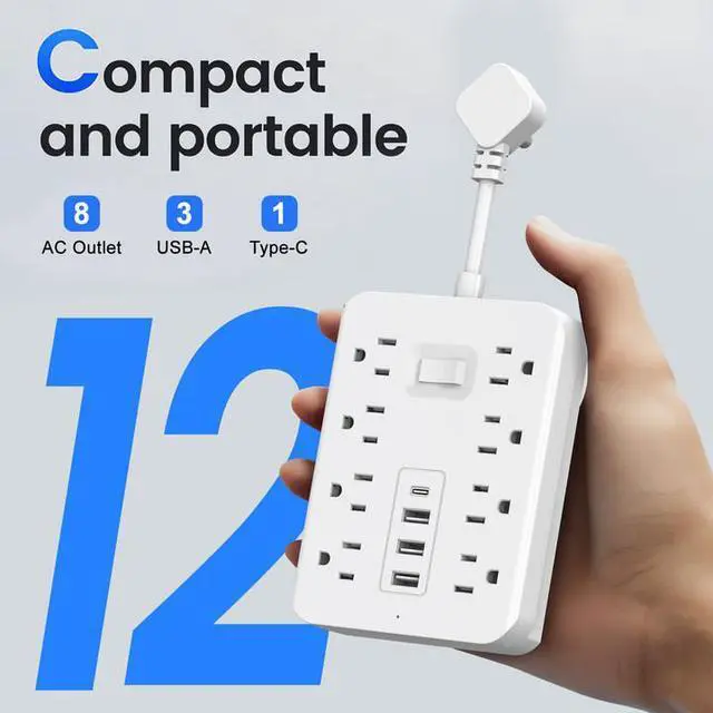 Main image of 12-in-1 Power Strip with Surge Protection And One-Touch Control Switch - 8 AC with 4 USB Ports ( 1 Type-C) - Wall-Mountable Extension Cord for Office, Study, Home, And School Use - US Plug, 110V-130V
