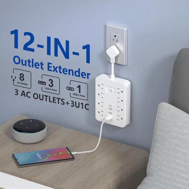 Alt view image 6 of 7 - 12-in-1 Power Strip with Surge Protection And One-Touch Control Switch - 8 AC with 4 USB Ports ( 1 Type-C) - Wall-Mountable Extension Cord for Office, Study, Home, And School Use - US Plug, 110V-130V