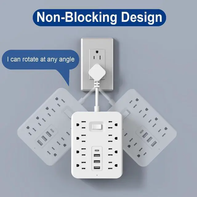 Alt view image 3 of 7 - 12-in-1 Power Strip with Surge Protection And One-Touch Control Switch - 8 AC with 4 USB Ports ( 1 Type-C) - Wall-Mountable Extension Cord for Office, Study, Home, And School Use - US Plug, 110V-130V