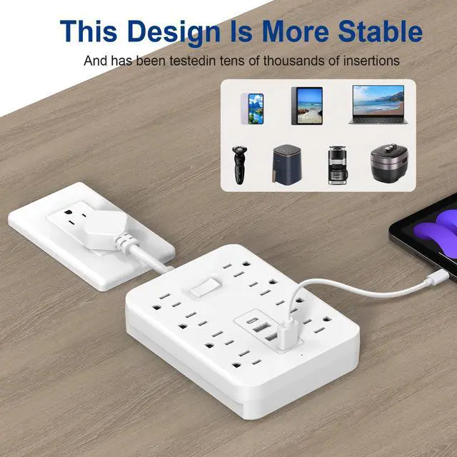 Alt view image 7 of 7 - 12-in-1 Power Strip with Surge Protection And One-Touch Control Switch - 8 AC with 4 USB Ports ( 1 Type-C) - Wall-Mountable Extension Cord for Office, Study, Home, And School Use - US Plug, 110V-130V