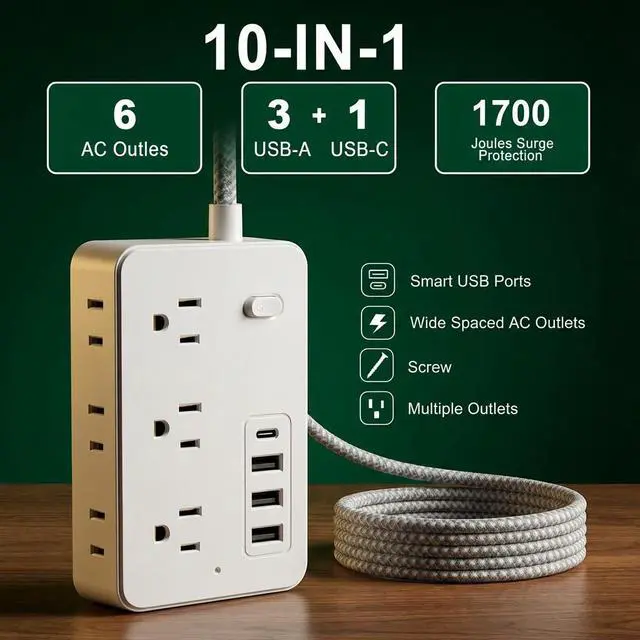 Alt view image 4 of 7 - Surge Protector Power Strip Power Bar with 6 Widely Spaced Outlets & 4 USB Ports, Flat Plug Braided Extension Cord, Wall Mount Multi-Plug Outlet Extender for Home, Office, College Dorm & Indoor Use