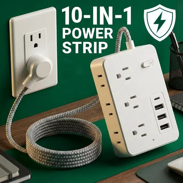 Main image of Surge Protector Power Strip Power Bar with 6 Widely Spaced Outlets & 4 USB Ports, Flat Plug Braided Extension Cord, Wall Mount Multi-Plug Outlet Extender for Home, Office, College Dorm & Indoor Use