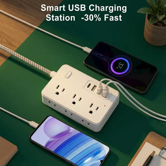 Alt view image 3 of 7 - Surge Protector Power Strip Power Bar with 6 Widely Spaced Outlets & 4 USB Ports, Flat Plug Braided Extension Cord, Wall Mount Multi-Plug Outlet Extender for Home, Office, College Dorm & Indoor Use