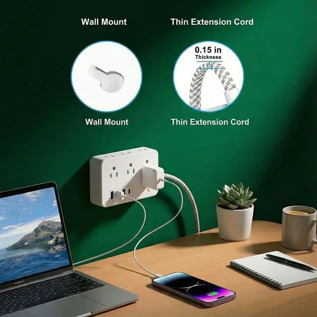 Alt view image 7 of 7 - Surge Protector Power Strip Power Bar with 6 Widely Spaced Outlets & 4 USB Ports, Flat Plug Braided Extension Cord, Wall Mount Multi-Plug Outlet Extender for Home, Office, College Dorm & Indoor Use