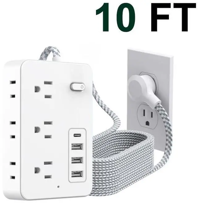 Main image of Surge Protector Power Strip Power Bar with 6 Widely Spaced Outlets & 4 USB Ports, Flat Plug Braided Extension Cord, Wall Mount Multi-Plug Outlet Extender for Home, Office, College Dorm & Indoor Use