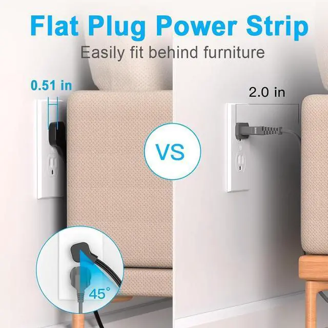 Alt view image 3 of 6 - Power Strip, Surge Protector With 6 AC Outlets & 3 USB & 1 Type-C Ports, Angled Flat Plug, For Home, Office, Dorm Essentials