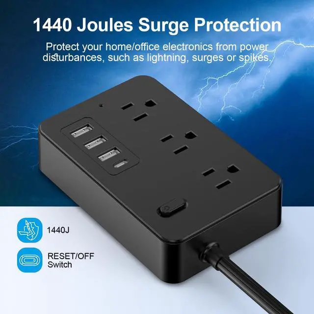 Alt view image 2 of 6 - Power Strip, Surge Protector With 6 AC Outlets & 3 USB & 1 Type-C Ports, Angled Flat Plug, For Home, Office, Dorm Essentials