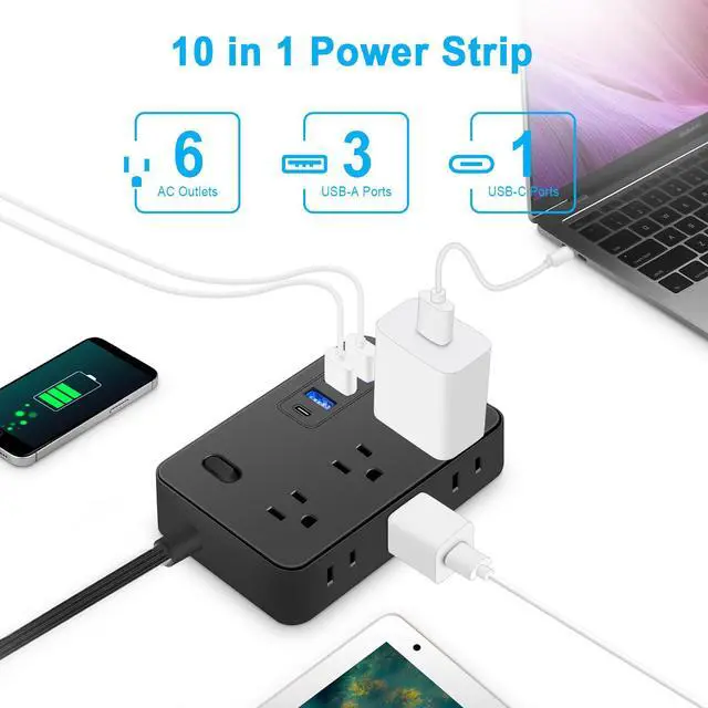 Alt view image 5 of 6 - Power Strip, Surge Protector With 6 AC Outlets & 3 USB & 1 Type-C Ports, Angled Flat Plug, For Home, Office, Dorm Essentials