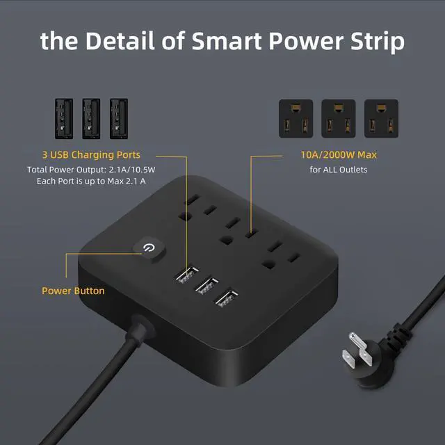 Alt view image 7 of 7 - USB Power Bar Extension Cord -4 Ft Surge Protector Power Strip with 8 Outlets and 4 USB Ports(3U1C), 3 Side Outlet Extender for Home, Office, Dorm Essentials, ETL Listed