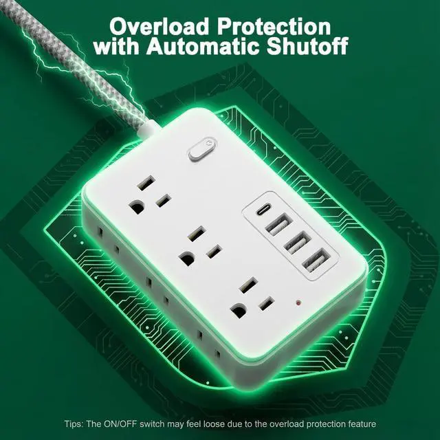 Alt view image 2 of 7 - Surge Protector Power Strip Power Bar with 6 Widely Spaced Outlets & 4 USB Ports, Flat Plug Braided Extension Cord, Wall Mount Multi-Plug Outlet Extender for Home, Office, College Dorm & Indoor Use