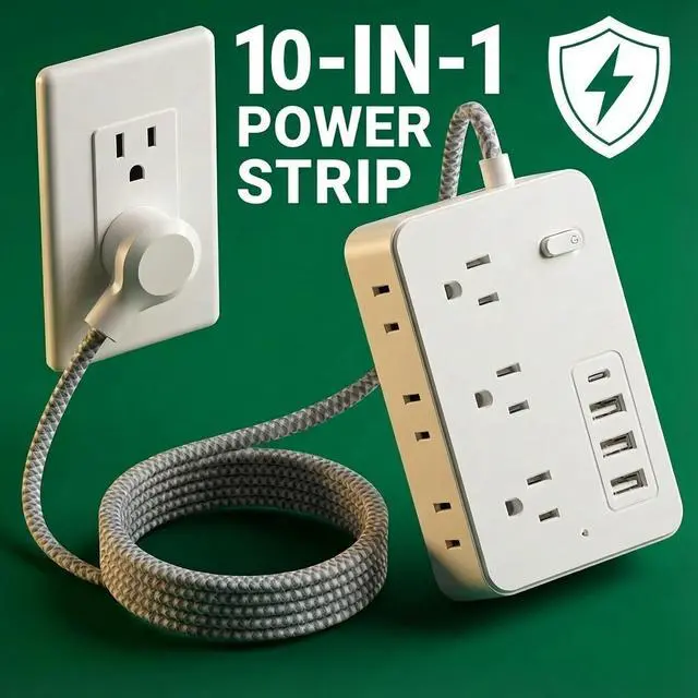 Alt view image 7 of 7 - Surge Protector Power Strip Power Bar with 6 Widely Spaced Outlets & 4 USB Ports, Flat Plug Braided Extension Cord, Wall Mount Multi-Plug Outlet Extender for Home, Office, College Dorm & Indoor Use
