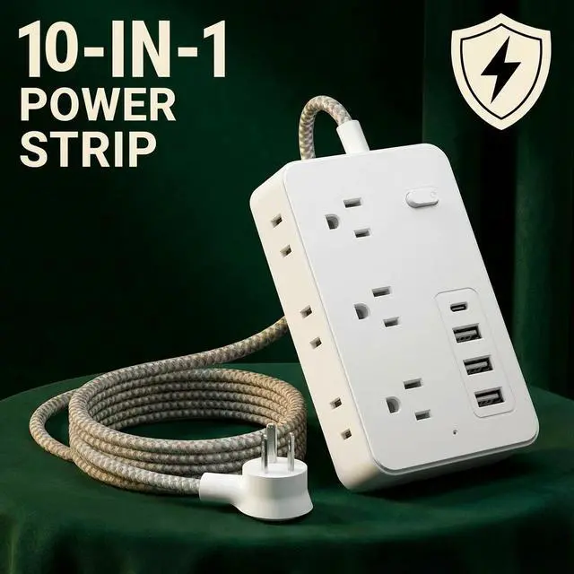 Alt view image 6 of 7 - Surge Protector Power Strip Power Bar with 6 Widely Spaced Outlets & 4 USB Ports, Flat Plug Braided Extension Cord, Wall Mount Multi-Plug Outlet Extender for Home, Office, College Dorm & Indoor Use