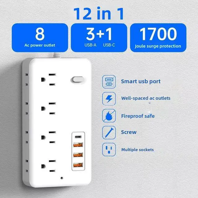 Alt view image 3 of 7 - Power Strip, Surge Protector with 15 Outlets and 4 USB Ports, 5 Feet Extension Cord (1875W/15A), 2700 Joules, Black 10FT