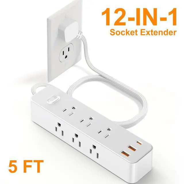 Main image of Surge Protector Power Strip - 5Ft Braided Extension Cord Flat Plug with 6 Outlets and 3 USB-A 1 USB-C Ports, 1080 Joules Wall Mounted Charging Station for Office Home ETL (5 FT)