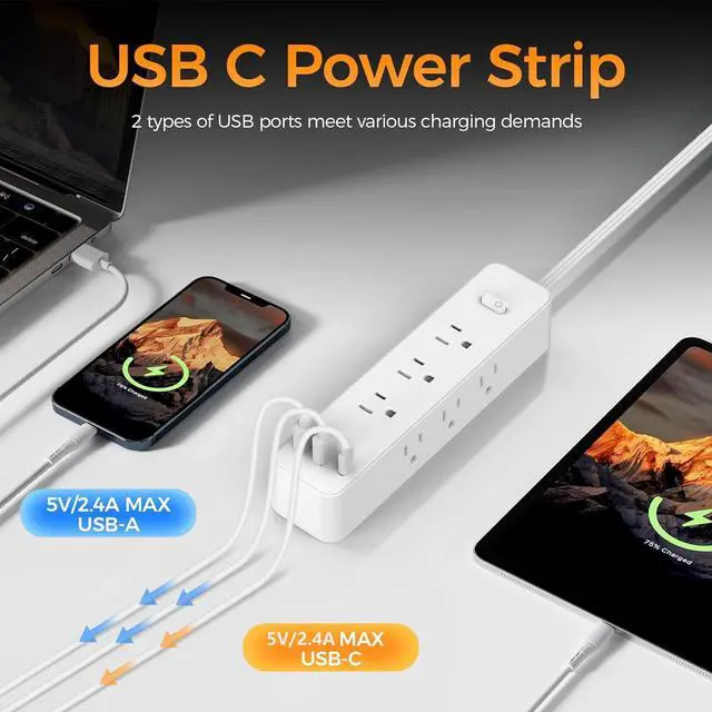 Alt view image 5 of 6 - Surge Protector Power Strip - 5Ft Braided Extension Cord Flat Plug with 6 Outlets and 3 USB-A 1 USB-C Ports, 1080 Joules Wall Mounted Charging Station for Office Home ETL (5 FT)