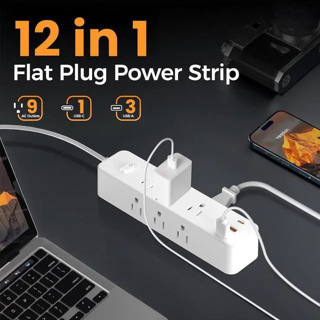 Alt view image 2 of 6 - Surge Protector Power Strip - 5Ft Braided Extension Cord Flat Plug with 6 Outlets and 3 USB-A 1 USB-C Ports, 1080 Joules Wall Mounted Charging Station for Office Home ETL (5 FT)