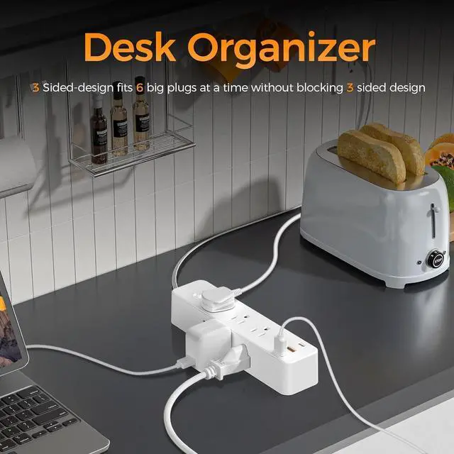 Alt view image 3 of 6 - Surge Protector Power Strip - 5Ft Braided Extension Cord Flat Plug with 6 Outlets and 3 USB-A 1 USB-C Ports, 1080 Joules Wall Mounted Charging Station for Office Home ETL (5 FT)