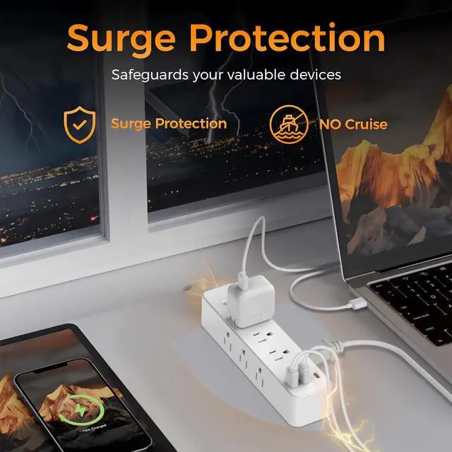 Alt view image 6 of 6 - Surge Protector Power Strip - 5Ft Braided Extension Cord Flat Plug with 6 Outlets and 3 USB-A 1 USB-C Ports, 1080 Joules Wall Mounted Charging Station for Office Home ETL (5 FT)